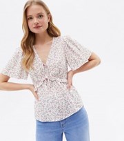New Look White Ditsy Floral Frill V Neck Peplum Blouse